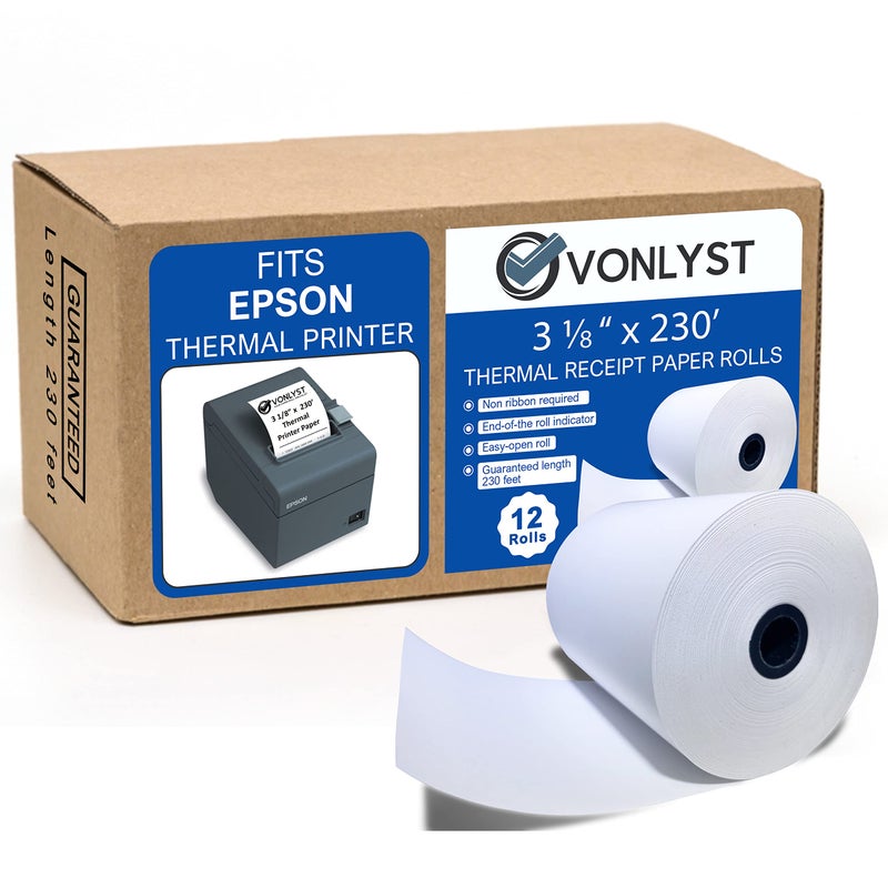 Vonlyst 3 1/8 x 230 Thermal Paper Receipt Roll for Epson Printer (Pack 12 rolls) - Image 1